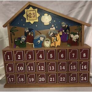 Advent Calendar Wood 3D Raised Nativity Scene 14"L×13"H Christmas Treat Doors